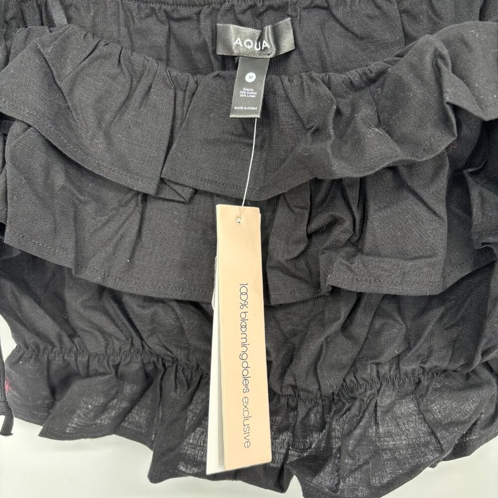 Aqua Women's Linen-Blend Tie Straps Ruffle Cropped Tank Top Black Size M NWT - Picture 7 of 7